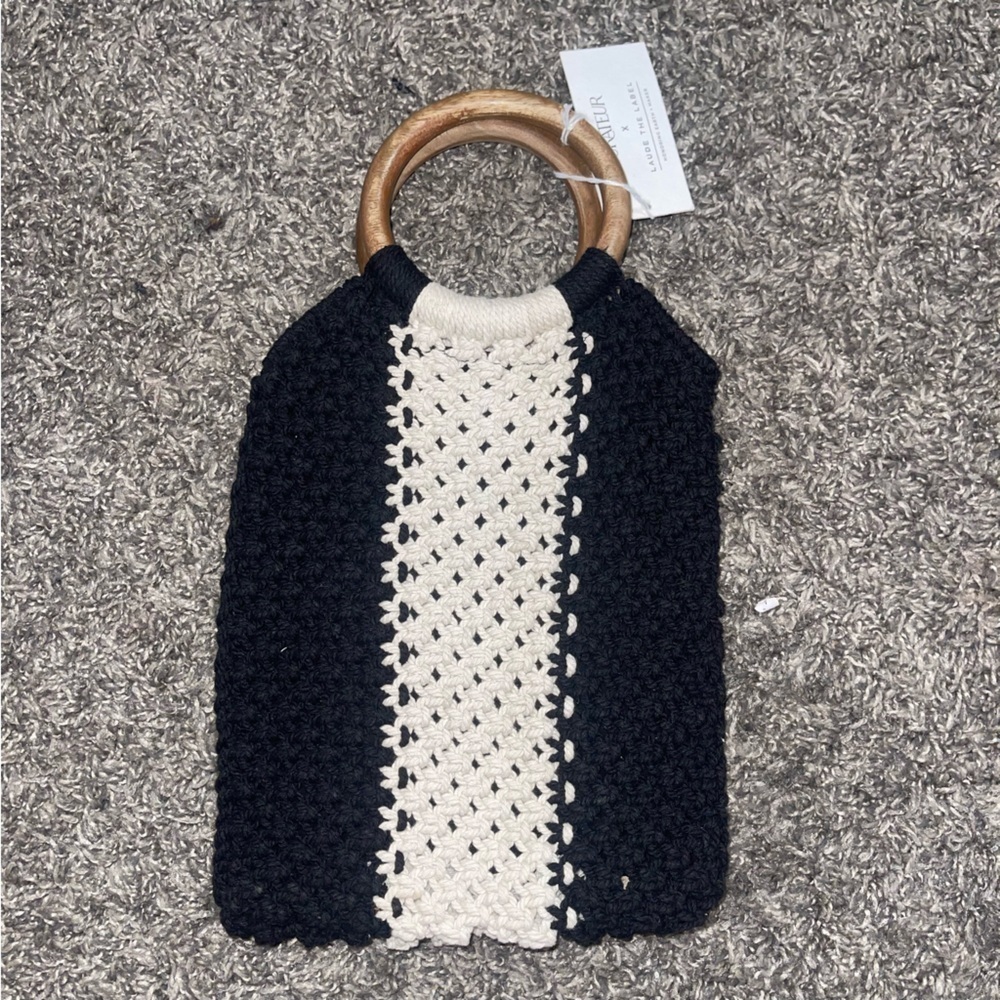 Curator X Laude The Label Gabby Macrame Crochet Wood Ring Handle Bag Black White
